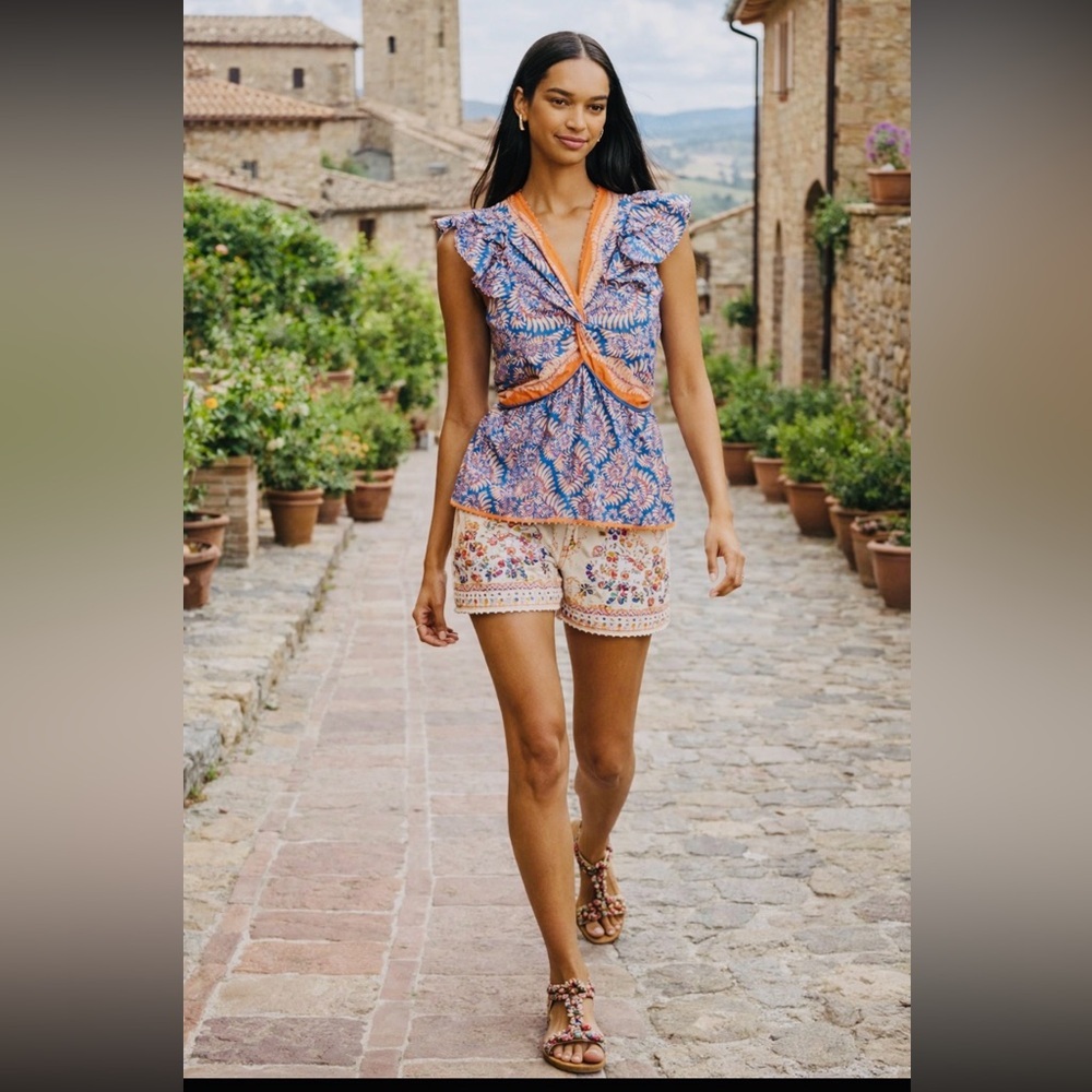Anthropologie NWT Farm Rio Flutter-Sleeve V-Neck Top size S.